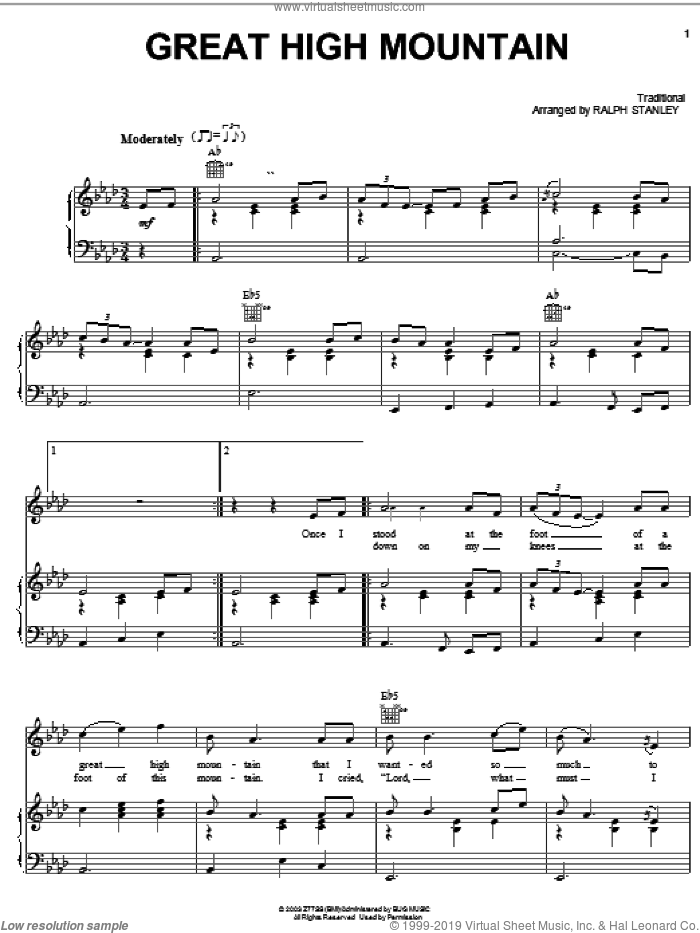 Great High Mountain sheet music for voice, piano or guitar by Jack White, Cold Mountain (Movie) and Ralph Stanley, intermediate skill level