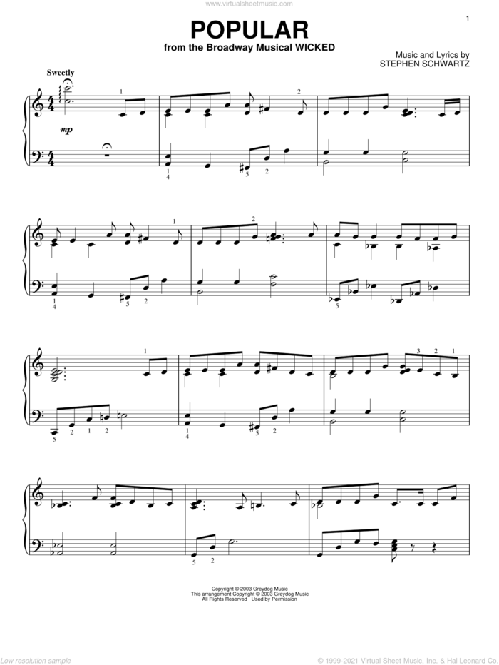 Popular (from Wicked), (intermediate) sheet music for piano solo by Stephen Schwartz and Wicked (Musical), intermediate skill level