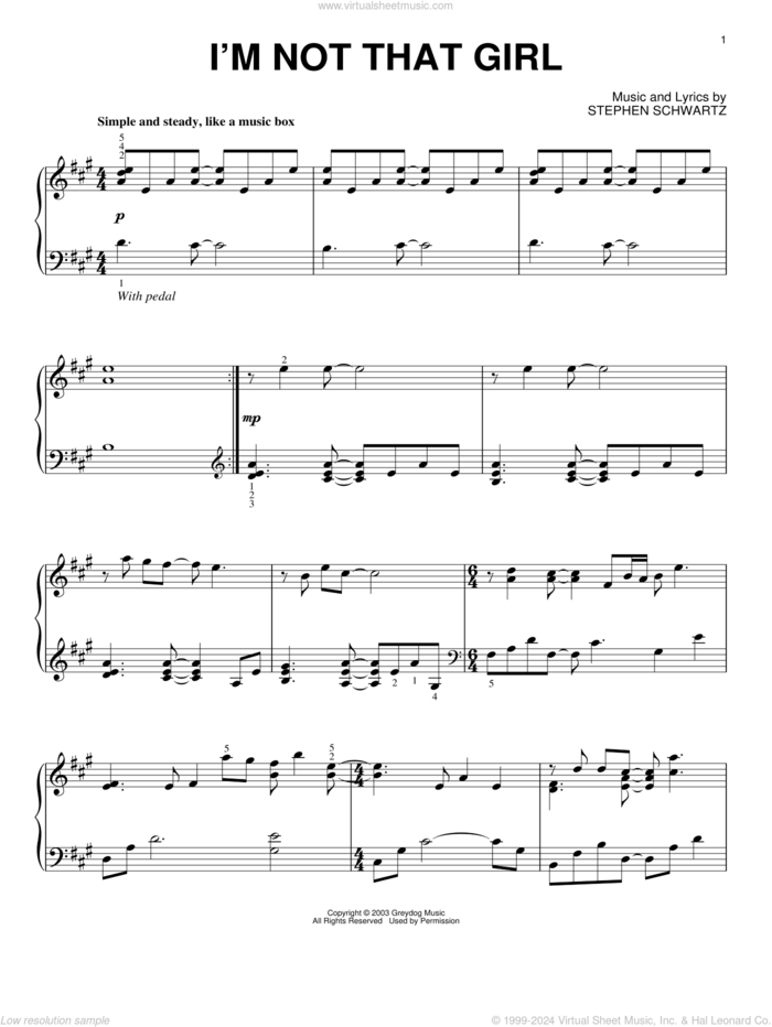 I'm Not That Girl (from Wicked) sheet music for piano solo by Stephen Schwartz and Wicked (Musical), intermediate skill level