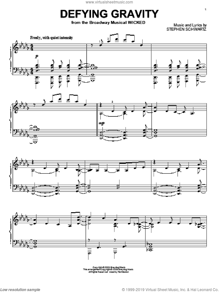 Defying Gravity (from Wicked), (intermediate) sheet music for piano solo by Stephen Schwartz and Wicked (Musical), intermediate skill level