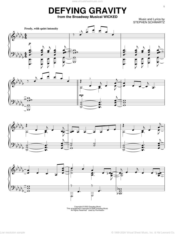 Defying Gravity (from Wicked), (intermediate) sheet music for piano solo by Stephen Schwartz and Wicked (Musical), intermediate skill level