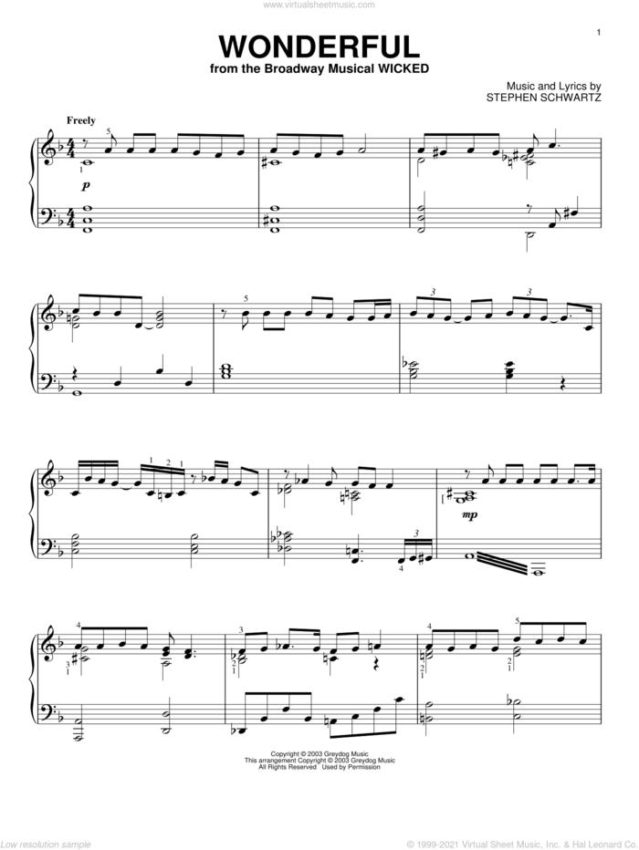 Wonderful (from Wicked) sheet music for piano solo by Stephen Schwartz and Wicked (Musical), intermediate skill level