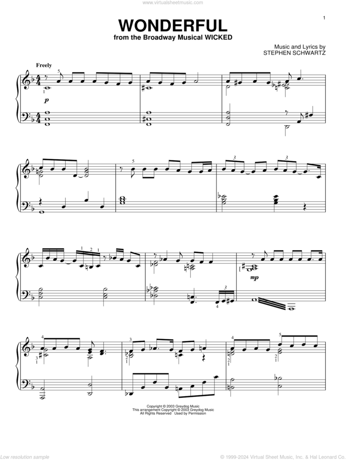 Wonderful (from Wicked) sheet music for piano solo by Stephen Schwartz and Wicked (Musical), intermediate skill level