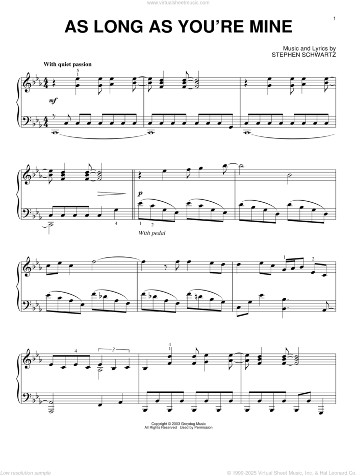 As Long As You're Mine (from Wicked) sheet music for piano solo by Stephen Schwartz and Wicked (Musical), intermediate skill level
