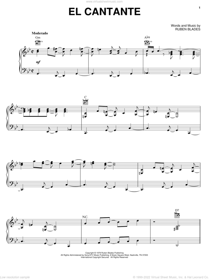 El Cantante sheet music for voice, piano or guitar by Hector Lavoe and Ruben Blades, intermediate skill level