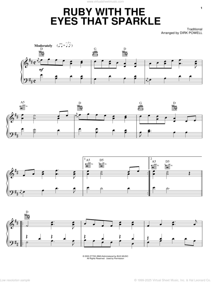 Ruby With The Eyes That Sparkle sheet music for voice, piano or guitar by Stuart Duncan, Cold Mountain (Movie) and Dirk Powell, intermediate skill level