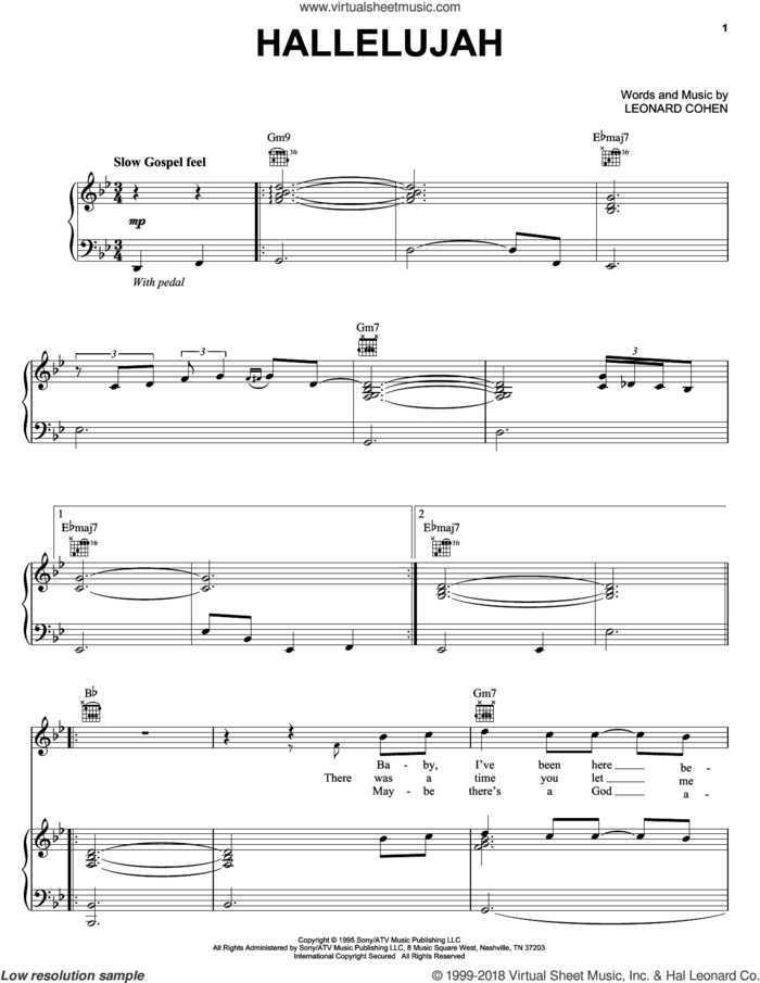 Hallelujah sheet music for voice, piano or guitar by Michael McDonald, Jeff Buckley and Leonard Cohen, wedding score, intermediate skill level