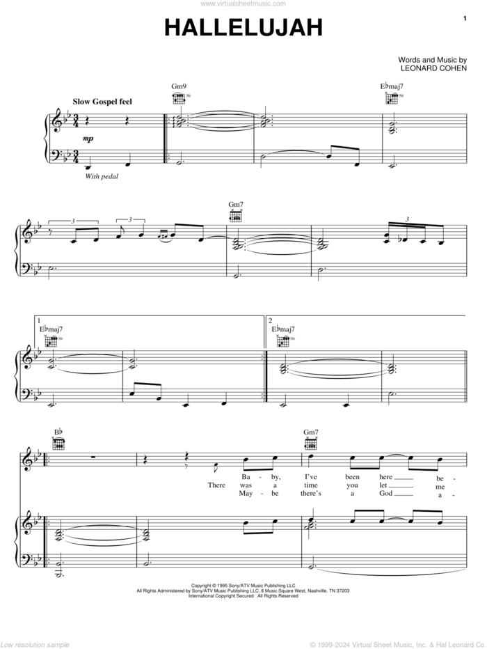 Hallelujah sheet music for voice, piano or guitar by Michael McDonald, Jeff Buckley and Leonard Cohen, wedding score, intermediate skill level