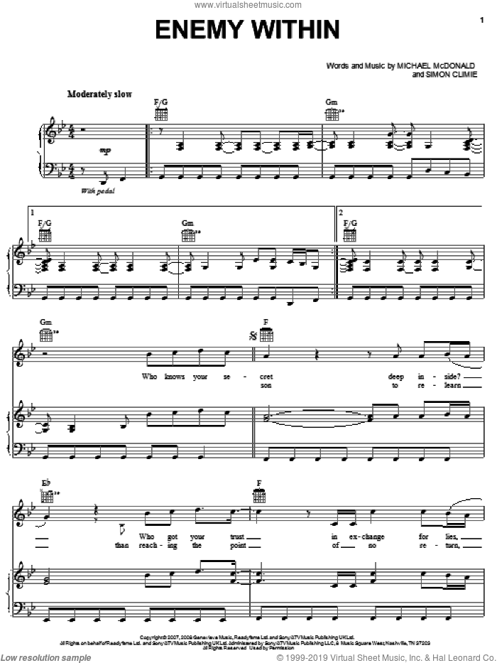 Enemy Within sheet music for voice, piano or guitar by Michael McDonald and Simon Climie, intermediate skill level