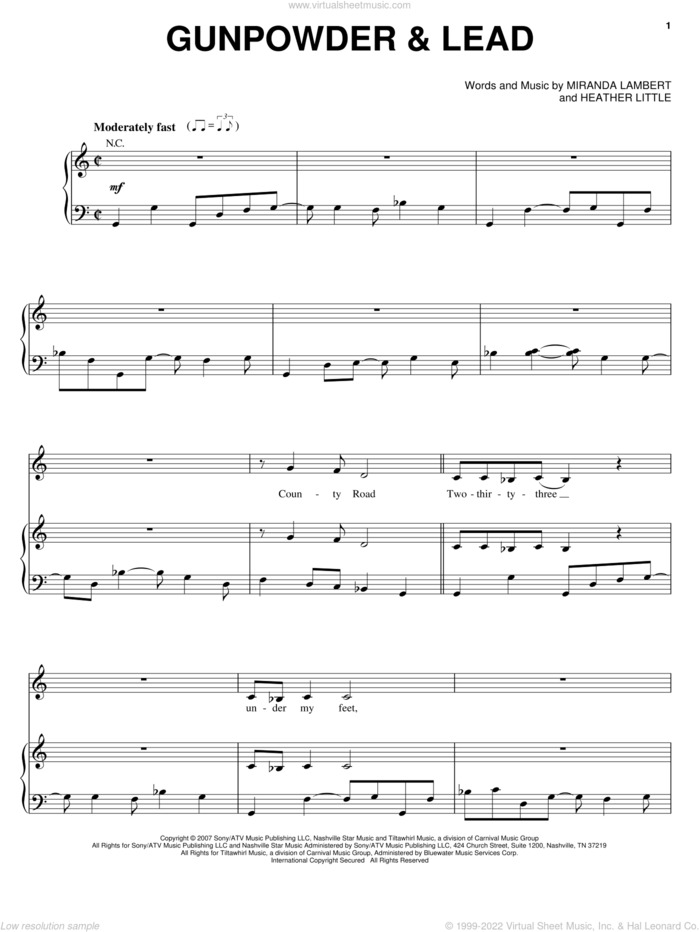 Gunpowder and Lead sheet music for voice, piano or guitar by Miranda Lambert and Heather Little, intermediate skill level