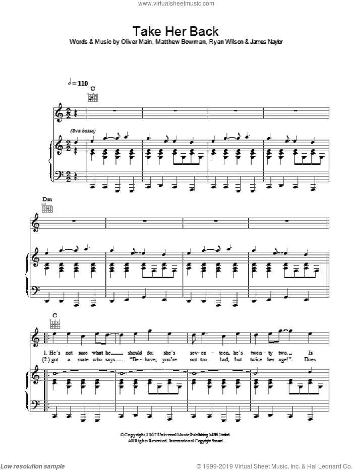 Take Her Back sheet music for voice, piano or guitar by The Pigeon Detectives, James Naylor, Matthew Bowman, Oliver Main and Ryan Wilson, intermediate skill level