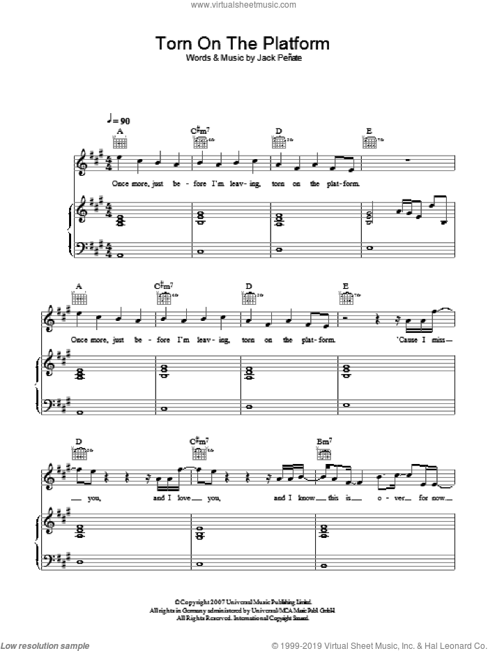 Torn On The Platform sheet music for voice, piano or guitar by Jack Penate, intermediate skill level