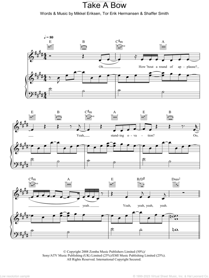 Take A Bow sheet music for voice, piano or guitar by Rihanna, Mikkel Eriksen, Shaffer Smith and Tor Erik Hermansen, intermediate skill level