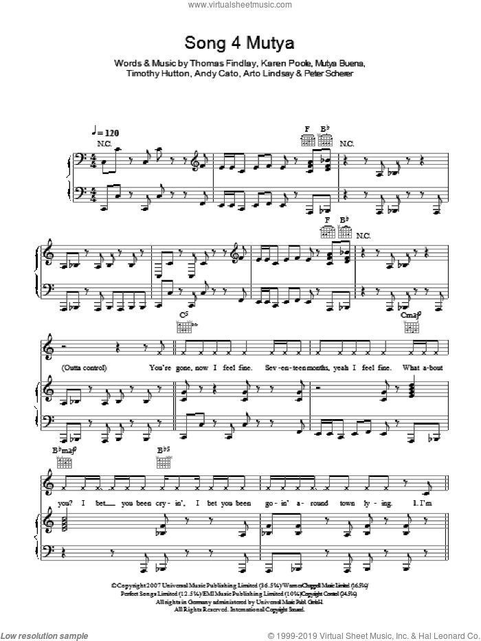 Song 4 Mutya (Out Of Control) sheet music for voice, piano or guitar by Groove Armada, Andy Cato, Arto Lindsay, Karen Poole, Mutya Buena, Peter Scherer, Thomas Findlay and Timothy Hutton, intermediate skill level