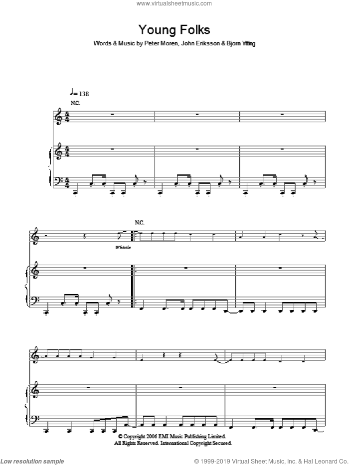 Young Folks sheet music for voice, piano or guitar by Peter, Bjorn & John, Bjorn Yttling, John Eriksson and Peter Moren, intermediate skill level