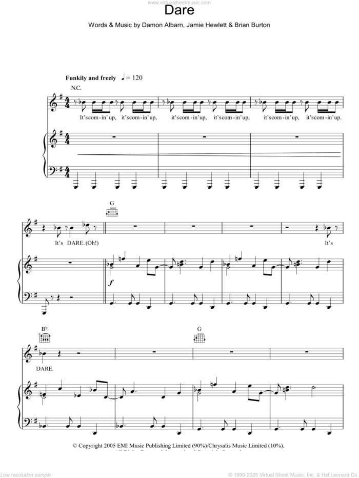 Dare sheet music for voice, piano or guitar by Gorillaz, Brian Burton, Damon Albarn and Jamie Hewlett, intermediate skill level