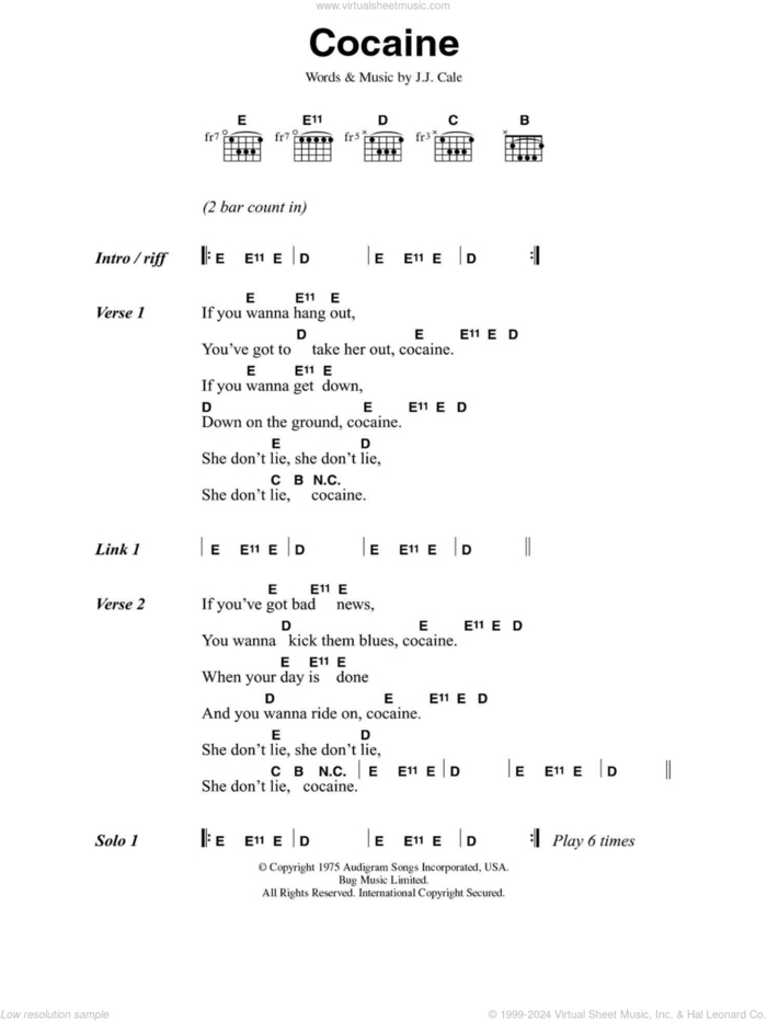 Cocaine sheet music for guitar (chords) by Eric Clapton and John Cale, intermediate skill level