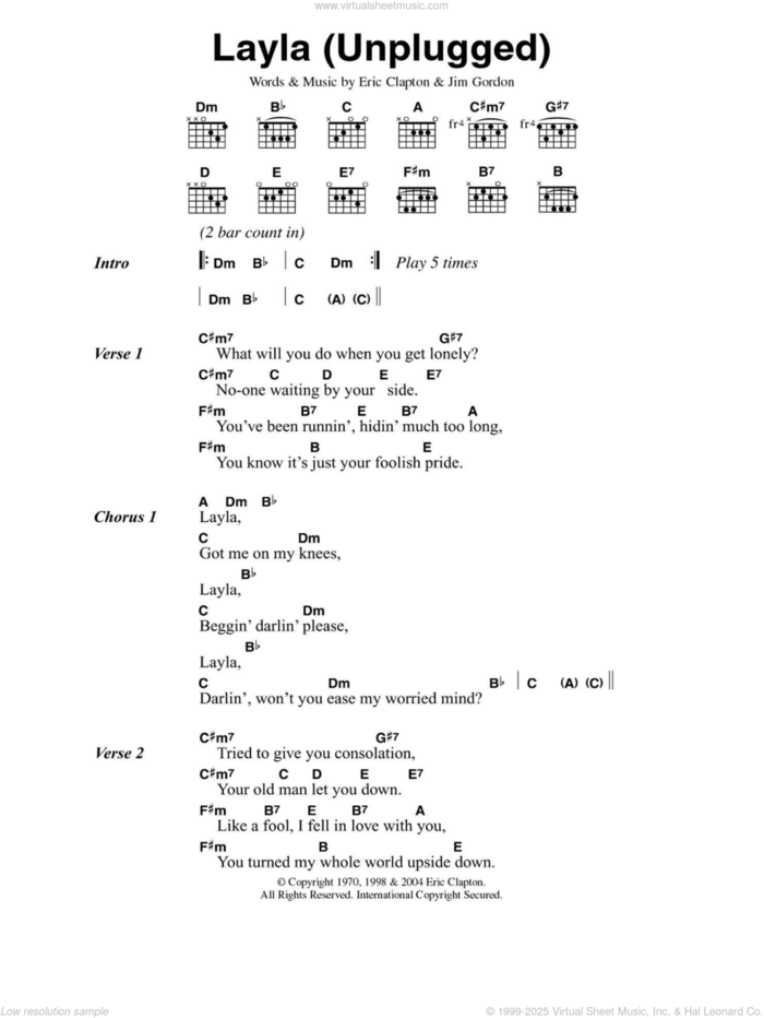 Layla (Unplugged) sheet music for guitar (chords) by Eric Clapton and Jim Gordon, intermediate skill level