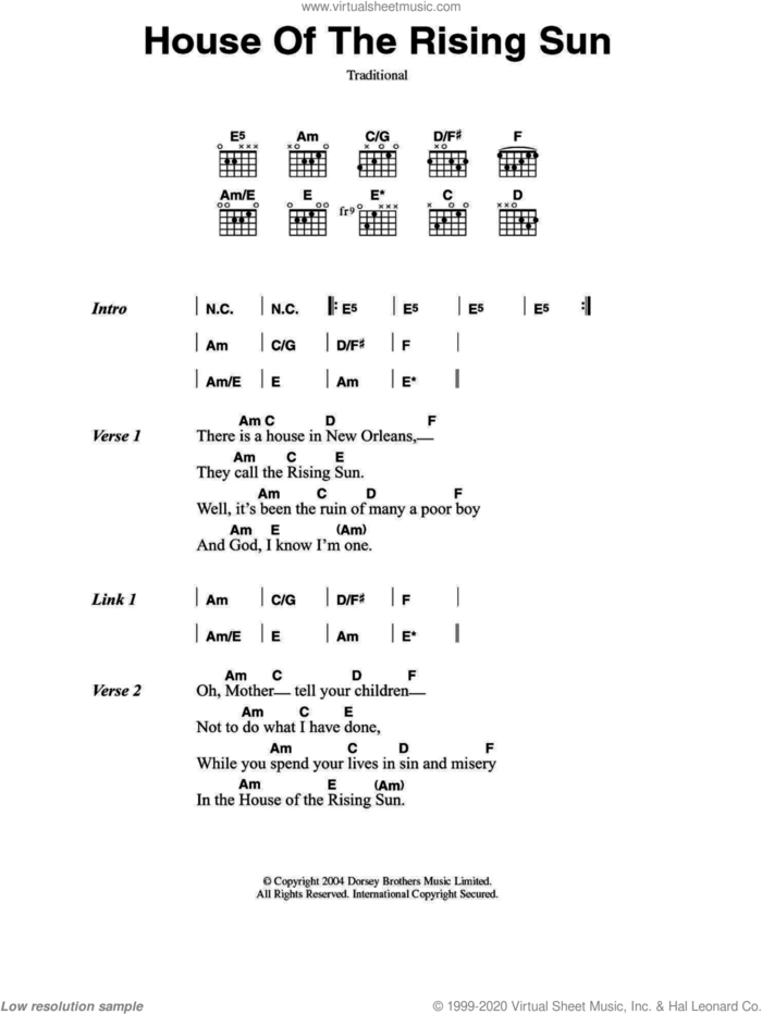 House Of The Rising Sun sheet music for guitar (chords) by Muse and Miscellaneous, intermediate skill level