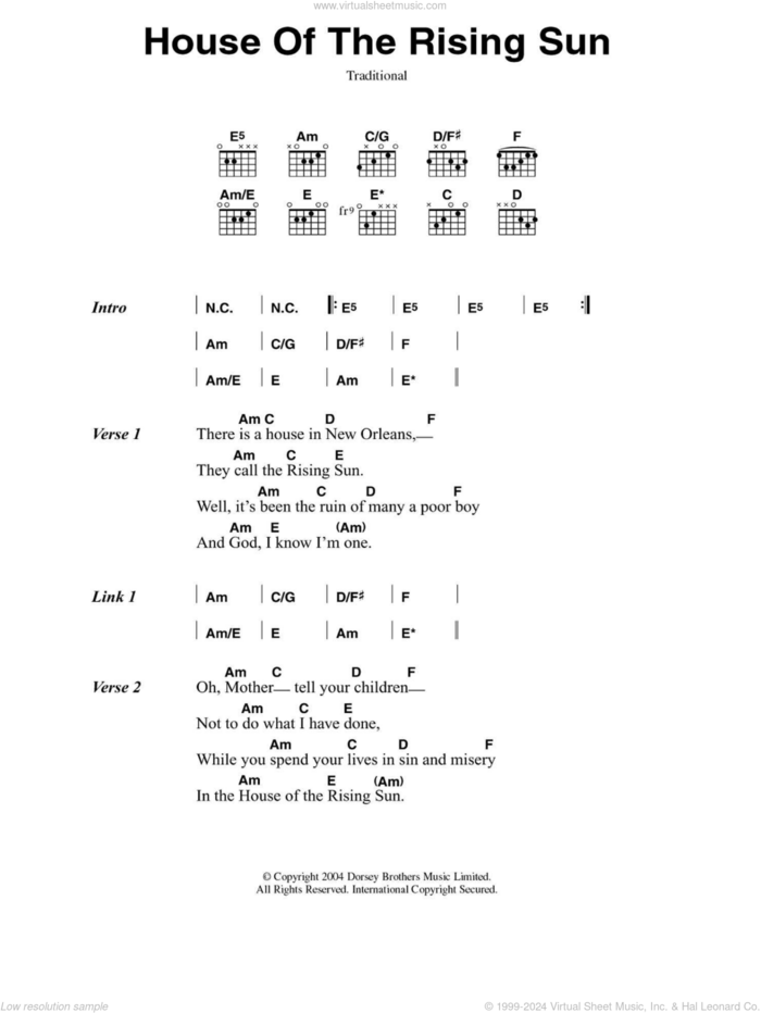 House Of The Rising Sun sheet music for guitar (chords) by Muse and Miscellaneous, intermediate skill level