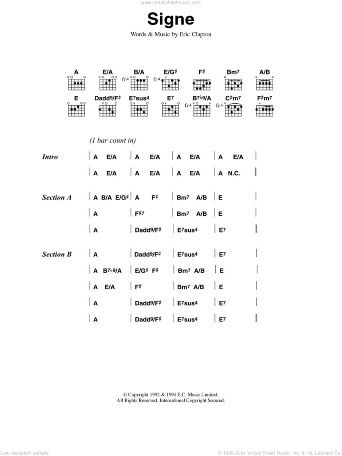 Signe sheet music for guitar (chords) by Eric Clapton, intermediate skill level