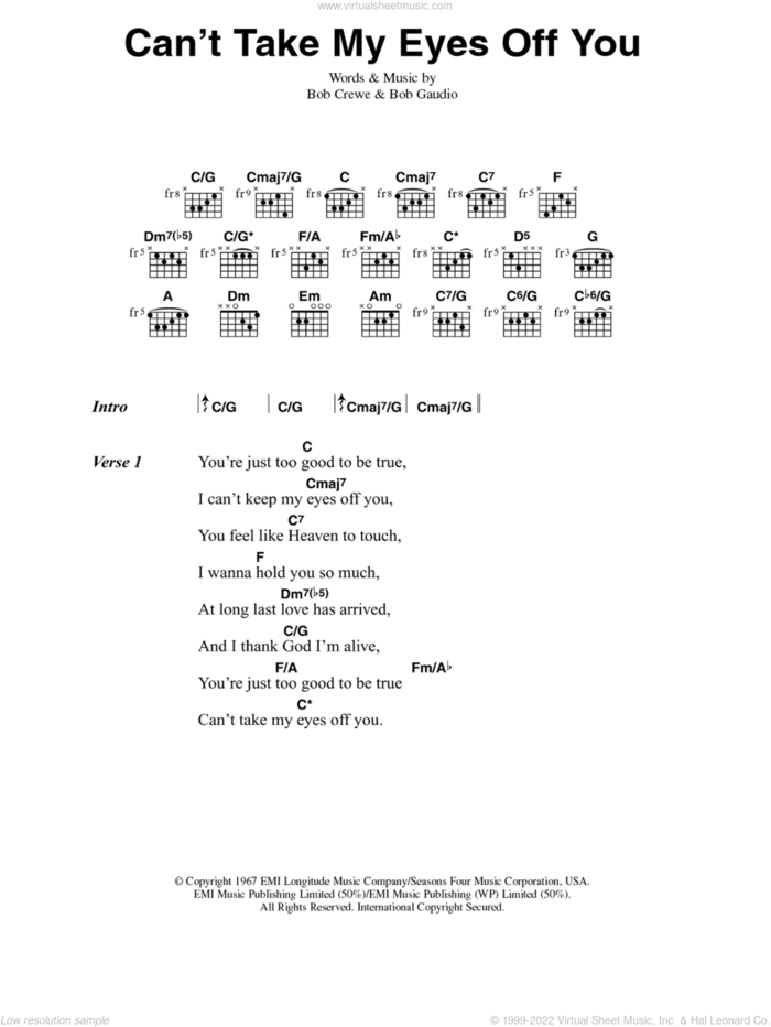 Can't Take My Eyes Off You sheet music for guitar (chords) by Frankie Valli & The Four Seasons, Frankie Valli, Muse, The Four Seasons, Bob Crewe and Bob Gaudio, wedding score, intermediate skill level