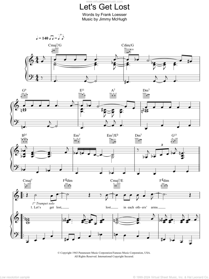 Let's Get Lost sheet music for voice, piano or guitar by Chet Baker, Jimmy McHugh and Frank Loesser, intermediate skill level