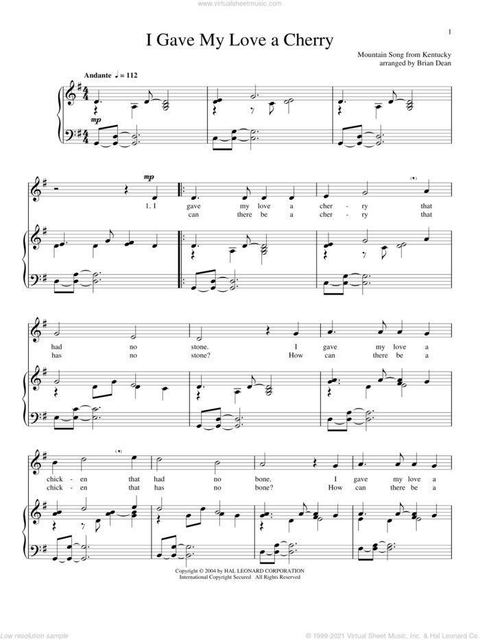 I Gave My Love A Cherry (The Riddle Song) sheet music for voice and piano, intermediate skill level