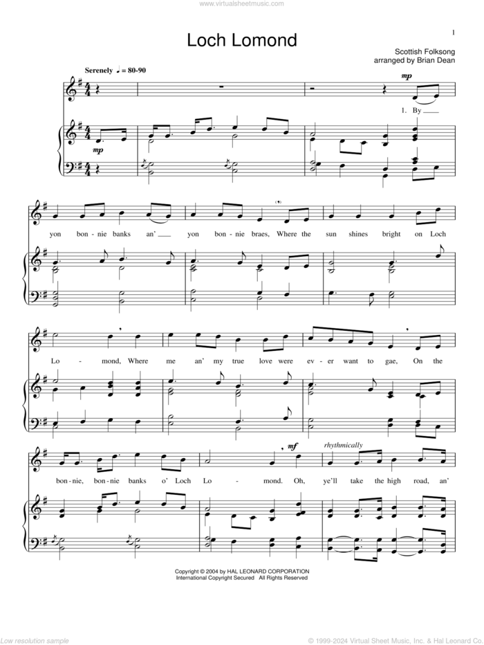 Loch Lomond sheet music for voice and piano, intermediate skill level