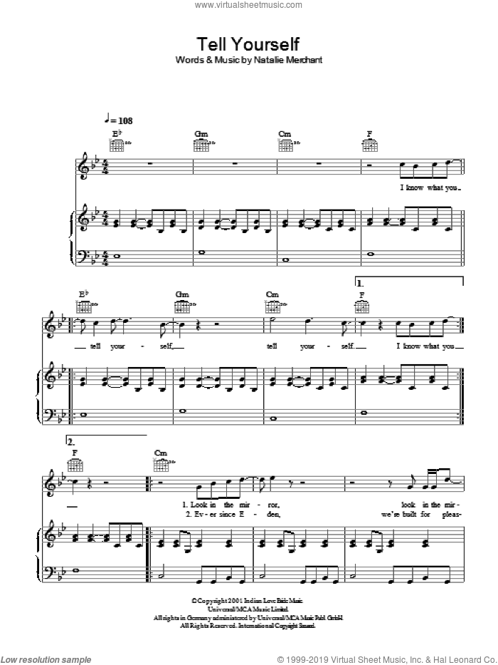 Tell Yourself sheet music for voice, piano or guitar by Natalie Merchant, intermediate skill level
