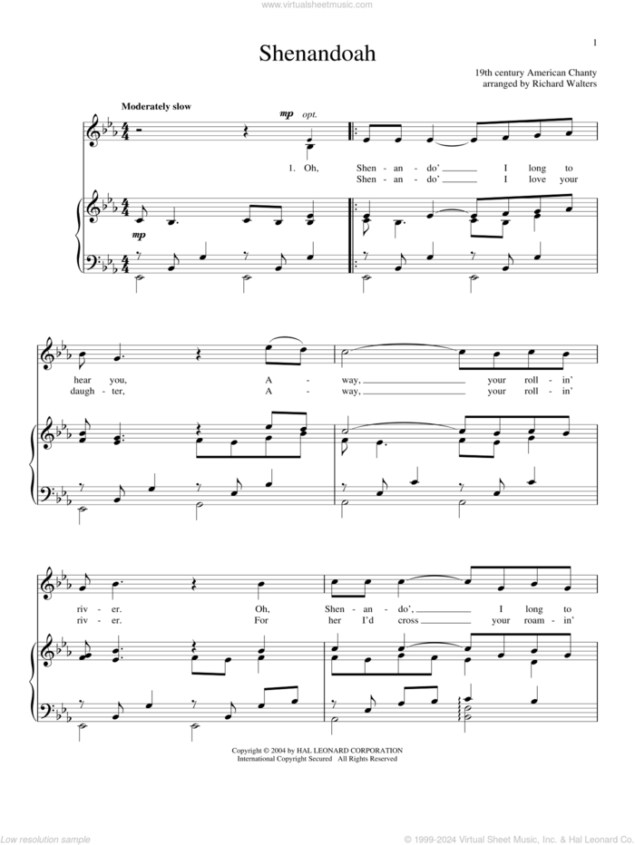 Shenandoah sheet music for voice and piano, intermediate skill level