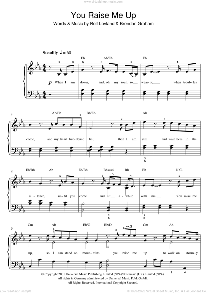 You Raise Me Up sheet music for piano solo by Westlife, Josh Groban, Brendan Graham, Rolf LAuvland and Rolf Lovland, wedding score, easy skill level