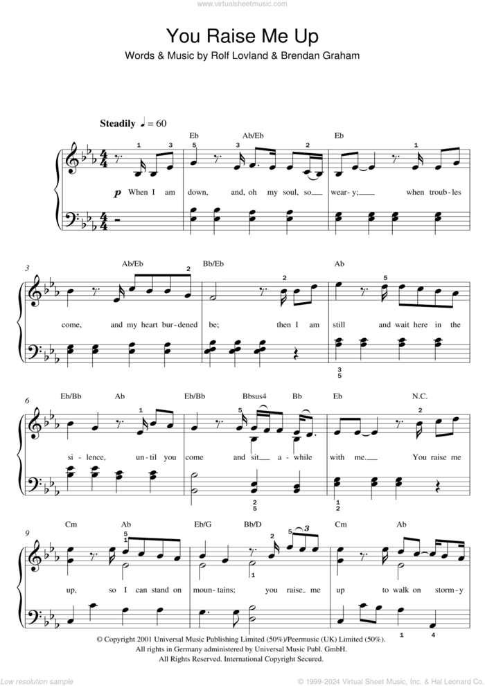 You Raise Me Up, (easy) sheet music for piano solo by Westlife, Josh Groban, Brendan Graham, Rolf LAuvland and Rolf Lovland, wedding score, easy skill level