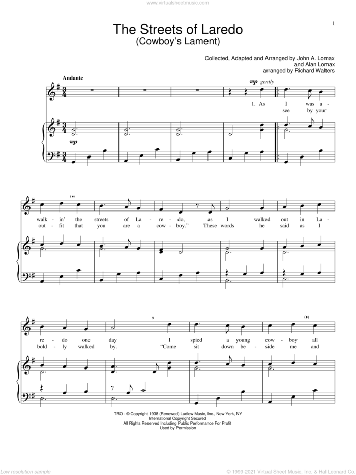 The Streets Of Laredo sheet music for voice and piano by John A. Lomax, intermediate skill level