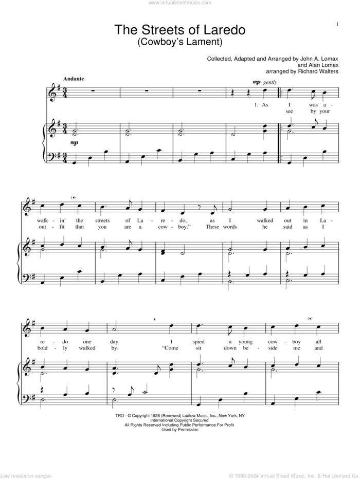 The Streets Of Laredo sheet music for voice and piano by John A. Lomax, intermediate skill level