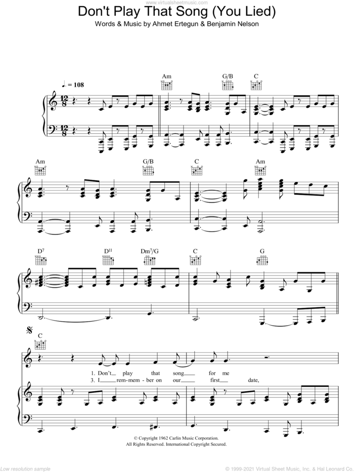 Don't Play That Song (You Lied) sheet music for voice, piano or guitar by Aretha Franklin, Ahmet Ertegun and Benjamin Nelson, intermediate skill level
