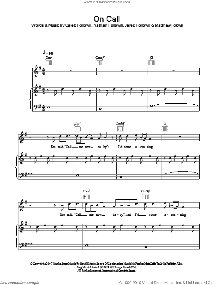 On Call sheet music for voice, piano or guitar by Kings Of Leon, Caleb Followill, Jared Followill, Matthew Followill and Nathan Followill, intermediate skill level