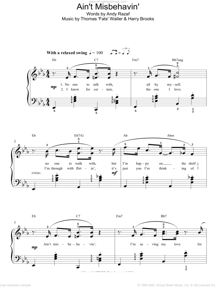 Ain't Misbehavin' sheet music for piano solo by Thomas Waller, Harry Brooks and Andy Razaf, easy skill level