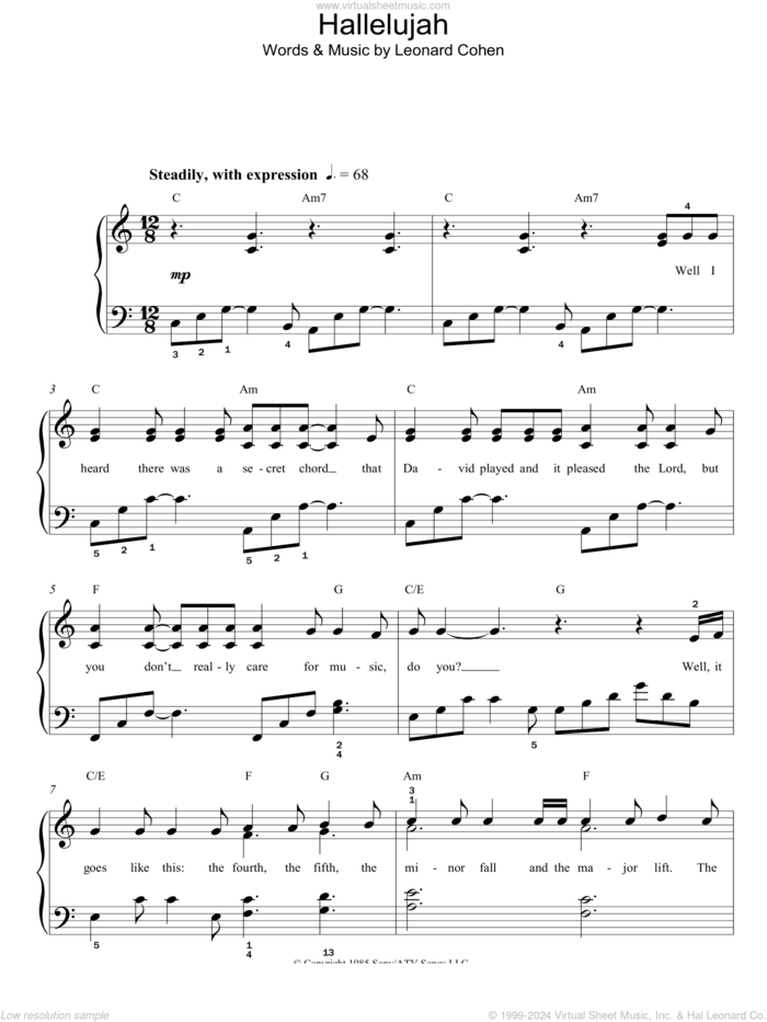 Hallelujah sheet music for piano solo by Jeff Buckley and Leonard Cohen, easy skill level