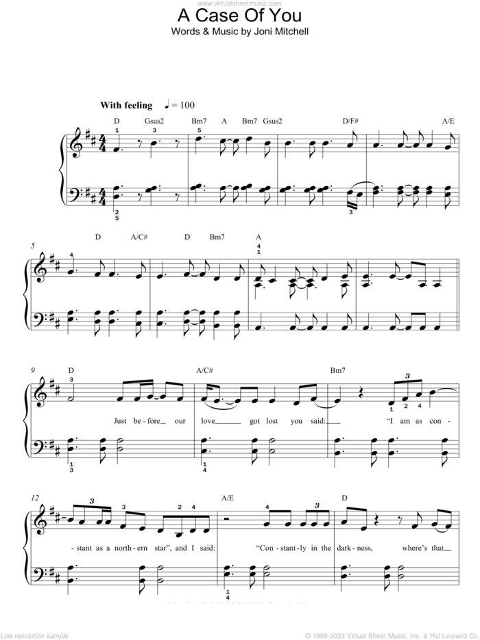A Case Of You, (easy) sheet music for piano solo by Joni Mitchell, easy skill level
