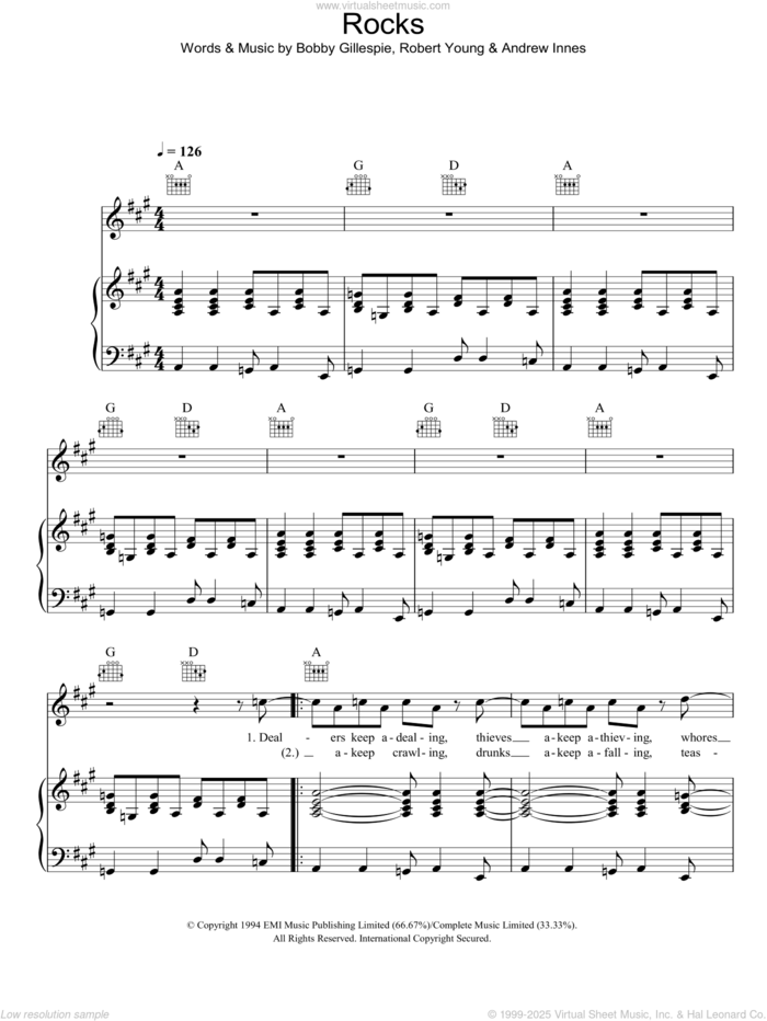 Rocks sheet music for voice, piano or guitar by Primal Scream, Andrew Innes, Bobby Gillespie and Robert Young, intermediate skill level