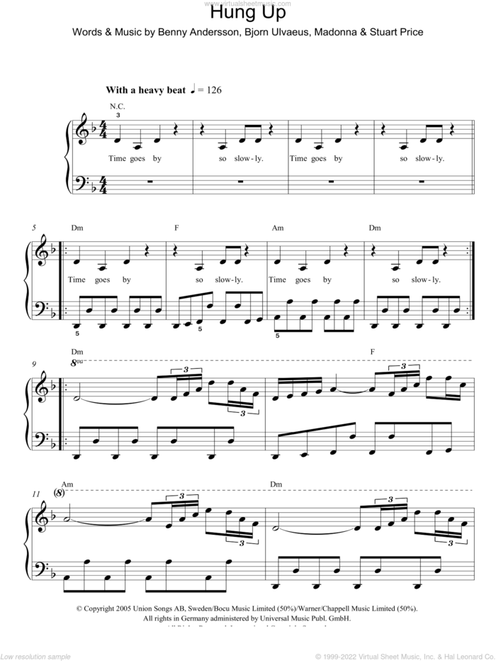 Hung Up sheet music for piano solo by Madonna, Benny Andersson, Bjorn Ulvaeus and Stuart Price, easy skill level