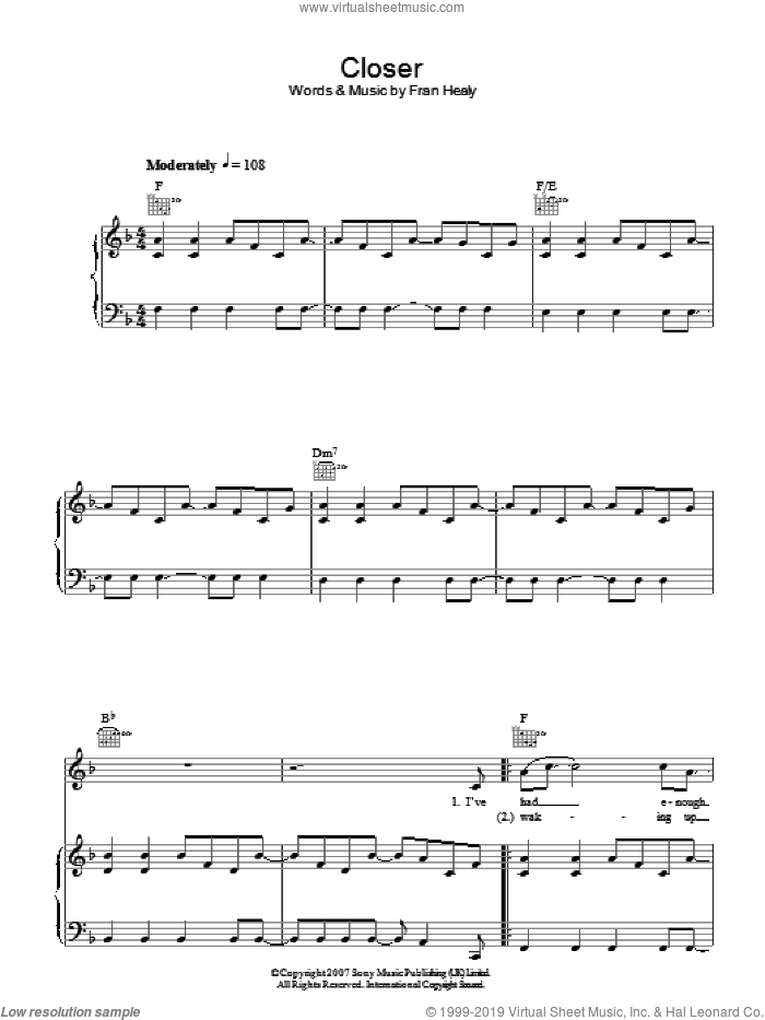 Closer sheet music for voice, piano or guitar by Merle Travis and Fran Healy, intermediate skill level