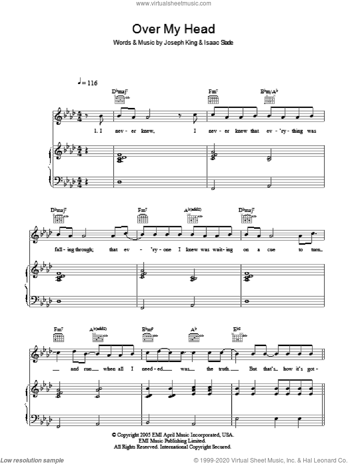Over My Head (Cable Car) sheet music for voice, piano or guitar by The Fray, Isaac Slade and Joseph King, intermediate skill level