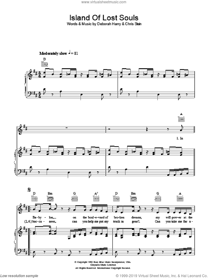 Island Of Lost Souls sheet music for voice, piano or guitar by Blondie, Chris Stein and Deborah Harry, intermediate skill level