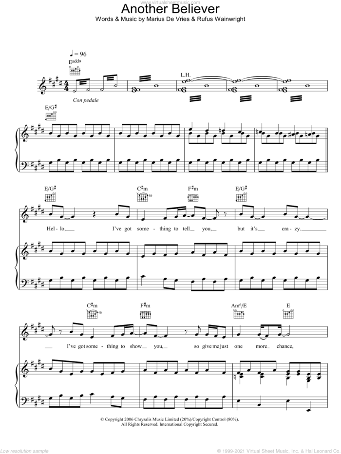 Another Believer sheet music for voice, piano or guitar by Rufus Wainwright and Marius De Vries, intermediate skill level