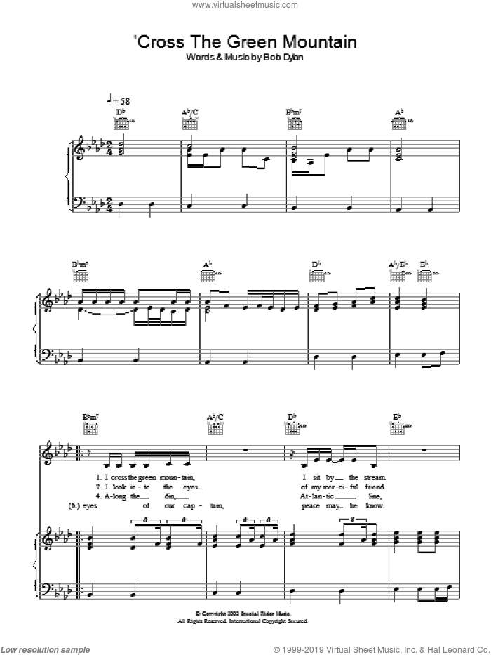 'Cross Green Mountain sheet music for voice, piano or guitar by Bob Dylan, intermediate skill level
