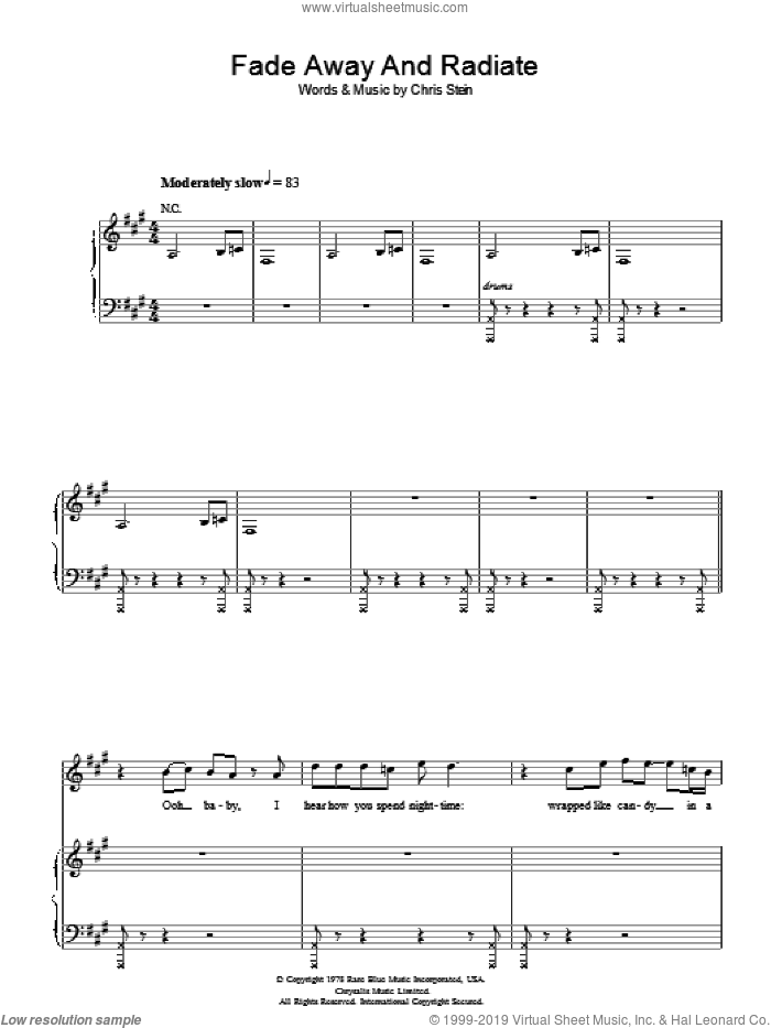 Fade Away And Radiate sheet music for voice, piano or guitar by Blondie and Chris Stein, intermediate skill level