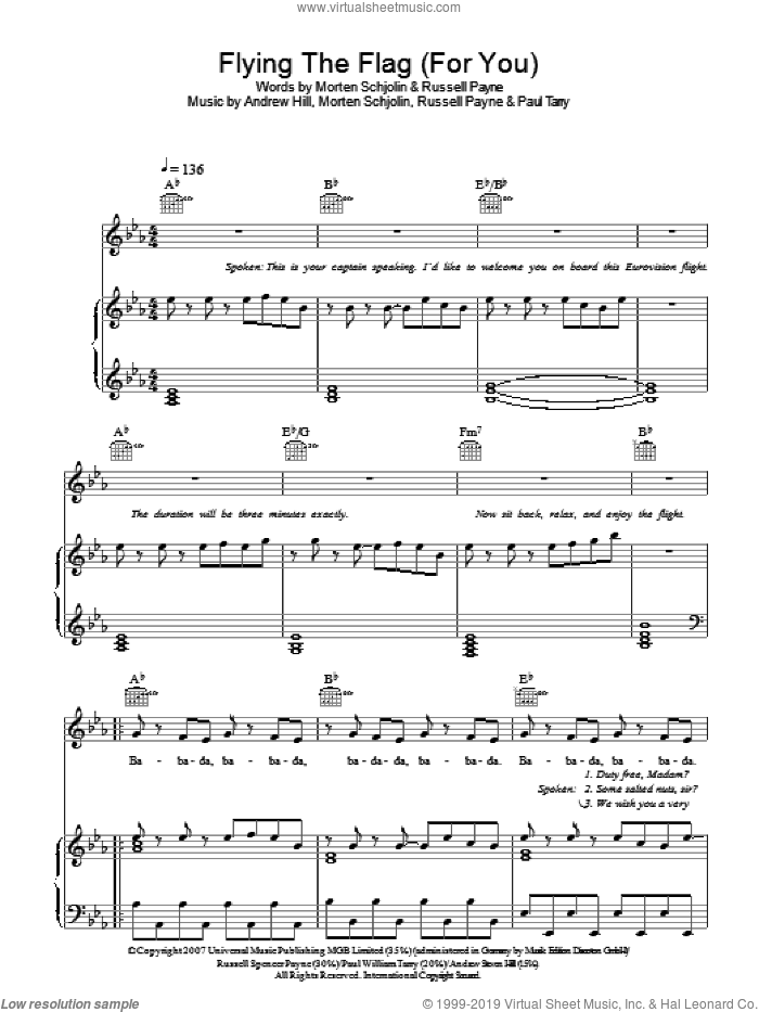 Flying The Flag (For You) sheet music for voice, piano or guitar by Scooch, Andrew Hill, Morten Schjolin, Paul Tarry and Russell Payne, intermediate skill level