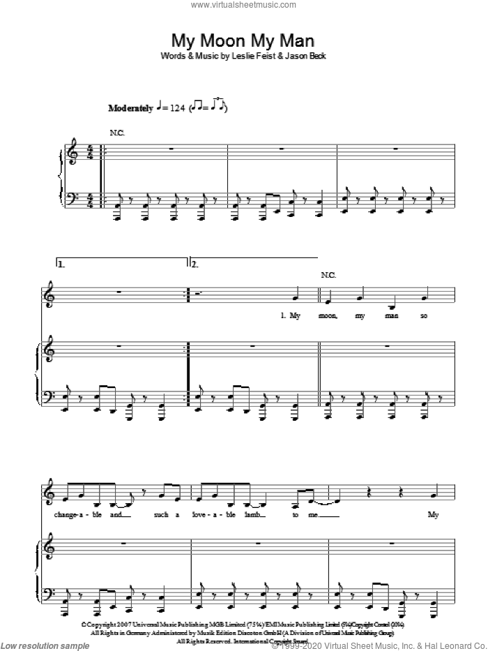 My Moon My Man sheet music for voice, piano or guitar by Leslie Feist and Jason Beck, intermediate skill level